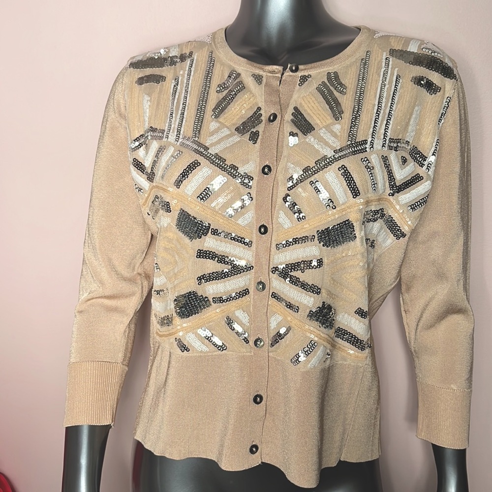 Cache Cream w/ Silver Sequin 3/4 Sleeve Knit Cardigan Sweater - Picture 4 of 13